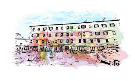 Building view with landmark of Porto ferraio is the town in Italy. Watercolor splash with hand drawn sketch illustration in vector.のイラスト素材