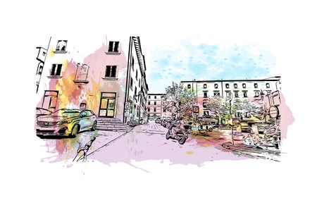 Building view with landmark of Porto ferraio is the town in Italy. Watercolor splash with hand drawn sketch illustration in vector.のイラスト素材