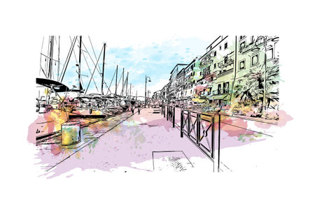 Building view with landmark of Porto ferraio is the town in Italy. Watercolor splash with hand drawn sketch illustration in vectorのイラスト素材