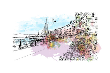 Building view with landmark of Porto ferraio is the town in Italy. Watercolor splash with hand drawn sketch illustration in vector.のイラスト素材