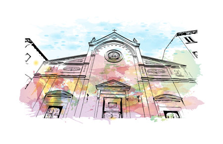 Building view with landmark of Porto ferraio is the town in Italy. Watercolor splash with hand drawn sketch illustration in vector.のイラスト素材