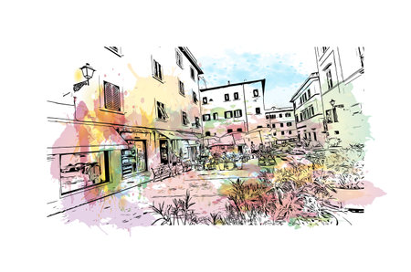 Building view with landmark of Porto ferraio is the town in Italy. Watercolor splash with hand drawn sketch illustration in vector.のイラスト素材