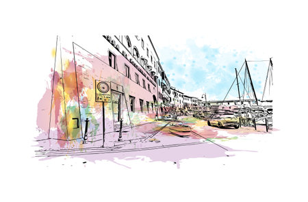 Building view with landmark of Porto ferraio is the town in Italy. Watercolor splash with hand drawn sketch illustration in vector.のイラスト素材