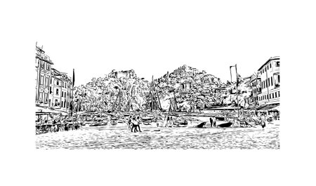 Building view with landmark of Portofino is the comune in Italy. Hand drawn sketch illustration in vector.のイラスト素材
