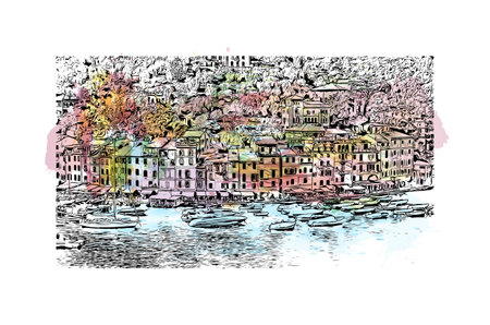 Building view with landmark of Portofino is the comune in Italy. Watercolor splash with hand drawn...