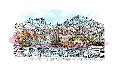 Building view with landmark of Portofino is the comune in Italy. Watercolor splash with hand drawn sketch illustration in vector.のイラスト素材