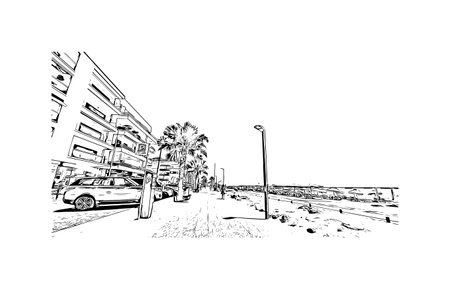 Building view with landmark of Quarteira is the municipality in Portugal. Hand drawn sketch illustration in vector.のイラスト素材