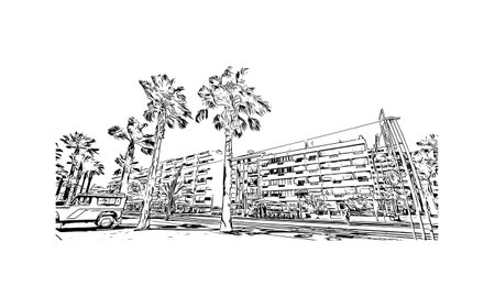 Building view with landmark of Quarteira is the municipality in Portugal. Hand drawn sketch illustration in vector.のイラスト素材