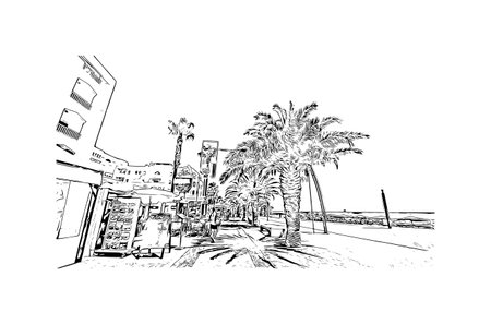 Building view with landmark of Quarteira is the municipality in Portugal. Hand drawn sketch illustration in vector.のイラスト素材