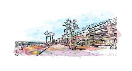 Building view with landmark of Quarteira is the municipality in Portugal. Watercolor splash with hand drawn sketch illustration in vector.のイラスト素材