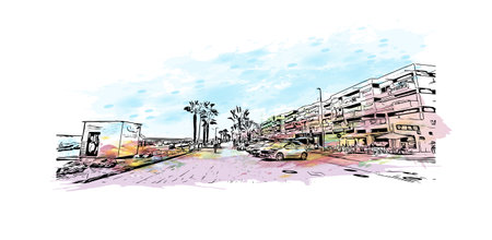 Building view with landmark of Quarteira is the municipality in Portugal. Watercolor splash with hand drawn sketch illustration in vector.のイラスト素材