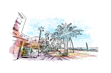 Building view with landmark of Quarteira is the municipality in Portugal. Watercolor splash with hand drawn sketch illustration in vector.のイラスト素材