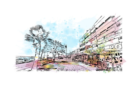 Building view with landmark of Quarteira is the municipality in Portugal. Watercolor splash with hand drawn sketch illustration in vector.のイラスト素材