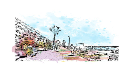 Building view with landmark of Quarteira is the municipality in Portugal. Watercolor splash with hand drawn sketch illustration in vector.のイラスト素材