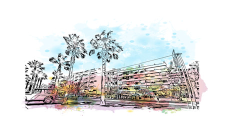 Building view with landmark of Quarteira is the municipality in Portugal. Watercolor splash with hand drawn sketch illustration in vector.のイラスト素材