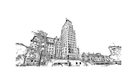Building view with landmark of Quebec City sits on the Saint Lawrence River in Canada. Hand drawn sketch illustration in vector.のイラスト素材