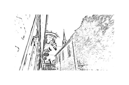 Building view with landmark of Quebec City sits on the Saint Lawrence River in Canada. Hand drawn sketch illustration in vector.のイラスト素材