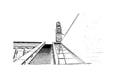 Building view with landmark of Quebec City sits on the Saint Lawrence River in Canada. Hand drawn sketch illustration in vector.のイラスト素材