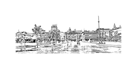 Building view with landmark of Quebec City sits on the Saint Lawrence River in Canada. Hand drawn sketch illustration in vector.のイラスト素材