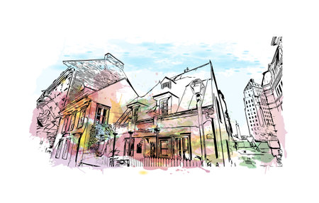Building view with landmark of Quebec City sits on the Saint Lawrence River in Canada. Watercolor splash with hand drawn sketch illustration in vector.のイラスト素材