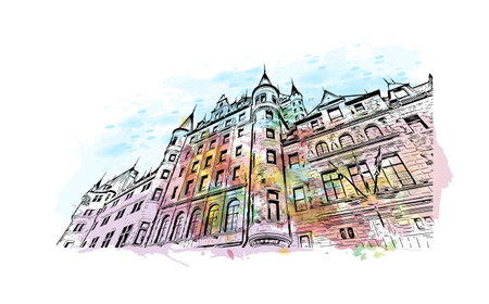 Building view with landmark of Quebec City sits on the Saint Lawrence River in Canada. Watercolor splash with hand drawn sketch illustration in vectorのイラスト素材