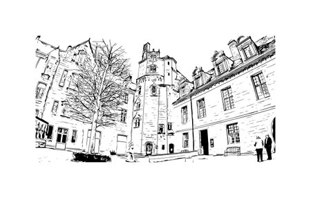Building view with landmark of Quimper is the commune in France. Hand drawn sketch illustration in vector.のイラスト素材
