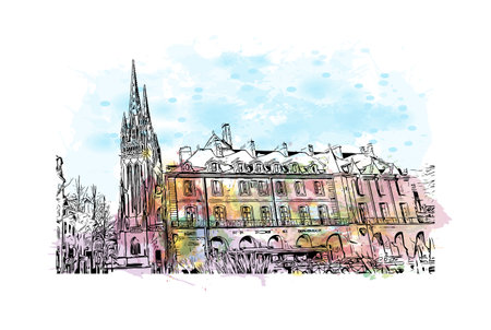 Building view with landmark of Quimper is the commune in France. Watercolor splash with hand drawn sketch illustration in vector.のイラスト素材