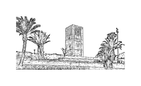 Building view with landmark of Rabat is the capital in Morocco. Hand drawn sketch illustration in vector.のイラスト素材