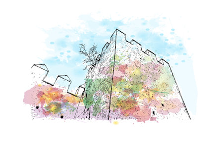 Building view with landmark of Rabat is the capital in Morocco. Watercolor splash with hand drawn sketch illustration in vector.のイラスト素材