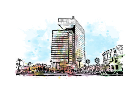 Building view with landmark of Rabat is the capital in Morocco. Watercolor splash with hand drawn sketch illustration in vector.のイラスト素材
