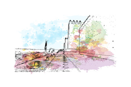 Building view with landmark of Rabat is the capital in Morocco. Watercolor splash with hand drawn sketch illustration in vector.のイラスト素材
