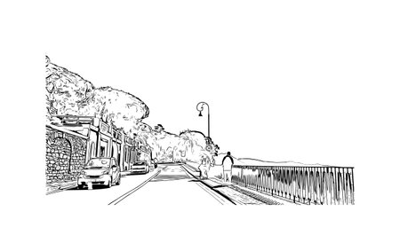 Building view with landmark of  Rapallo is the municipality in Italy. Hand drawn sketch illustration in vector.のイラスト素材