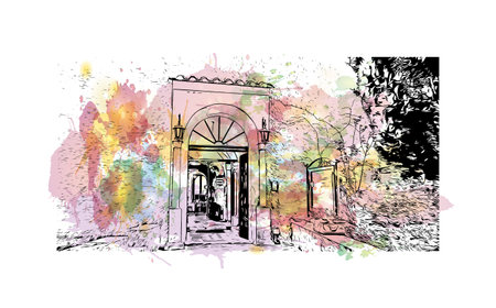 Building view with landmark of Ravello is the town in Italy. Watercolor splash with hand drawn sketch illustration in vector.のイラスト素材