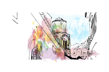 Building view with landmark of Ravello is the town in Italy. Watercolor splash with hand drawn sketch illustration in vector.のイラスト素材