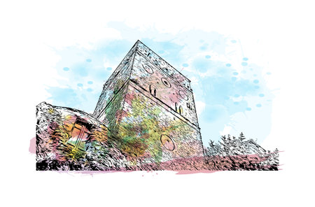 Building view with landmark of Ravello is the town in Italy. Watercolor splash with hand drawn sketch illustration in vector.のイラスト素材