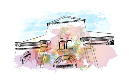 Building view with landmark of Ravello is the town in Italy. Watercolor splash with hand drawn sketch illustration in vector.のイラスト素材