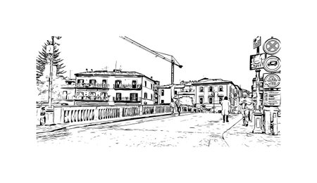 Building view with landmark of  Rieti is the town in Italy. Hand drawn sketch illustration in vector.のイラスト素材