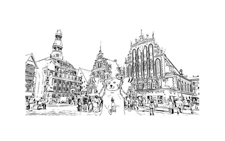 Building view with landmark of Riga is the capital of Latvia. Hand drawn sketch illustration in vector.のイラスト素材