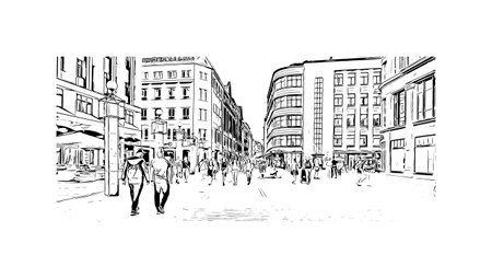 Building view with landmark of Riga is the capital of Latvia. Hand drawn sketch illustration in vector.のイラスト素材