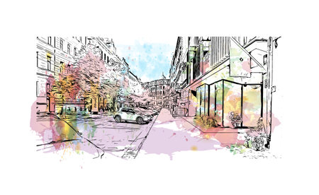 Building view with landmark of Riga is the capital of Latvia. Watercolor splash with hand drawn sketch illustration in vector.のイラスト素材