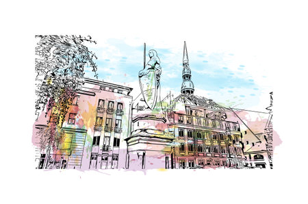 Building view with landmark of Riga is the capital of Latvia. Hand drawn sketch illustration in vector.のイラスト素材