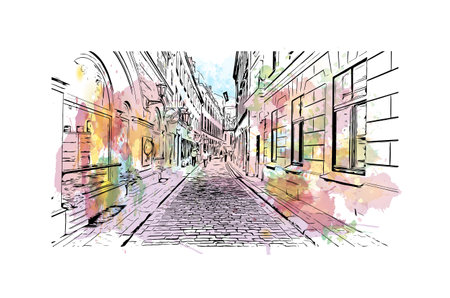 Building view with landmark of Riga is the capital of Latvia. Watercolor splash with hand drawn sketch illustration in vector.のイラスト素材