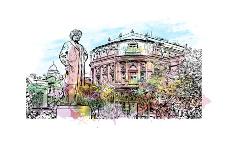 Building view with landmark of  Rijeka is the city in Croatia. Watercolor splash with hand drawn sketch illustration in vector.のイラスト素材