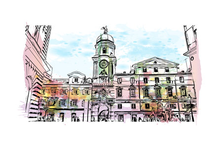Building view with landmark of Rijeka is the city in Croatia. Watercolor splash with hand drawn sketch illustration in vector.のイラスト素材