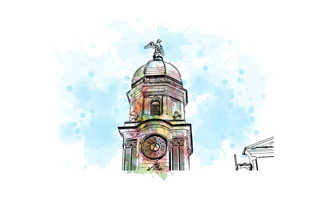 Building view with landmark of Rijeka is the city in Croatia. Watercolor splash with hand drawn sketch illustration in vector.のイラスト素材