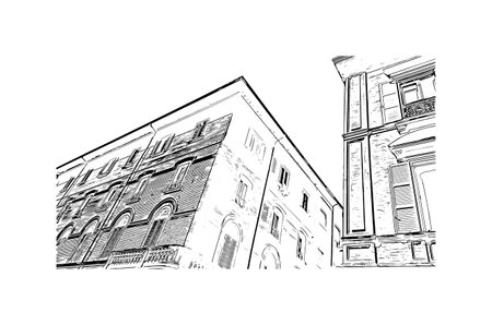Building view with landmark of  Rimini is the city in Italy. Hand drawn sketch illustration in vector.のイラスト素材