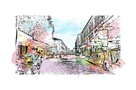 Building view with landmark of  Rimini is the city in Italy. Watercolor splash with hand drawn sketch illustration in vector.のイラスト素材
