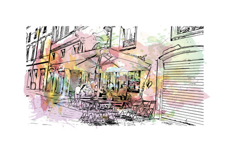 Building view with landmark of  Rimini is the city in Italy. Watercolor splash with hand drawn sketch illustration in vector.のイラスト素材