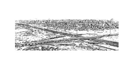 Building view with landmark of  Rishon Lezion is a city in Israel. Hand drawn sketch illustration in...