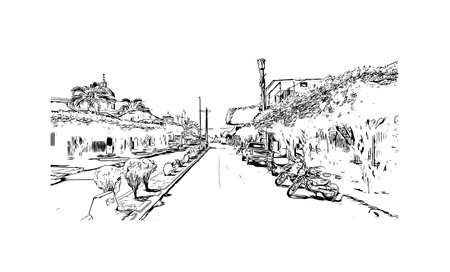 Building view with landmark of  Rivas is the city in Nicaragua. Hand drawn sketch illustration in vector.のイラスト素材